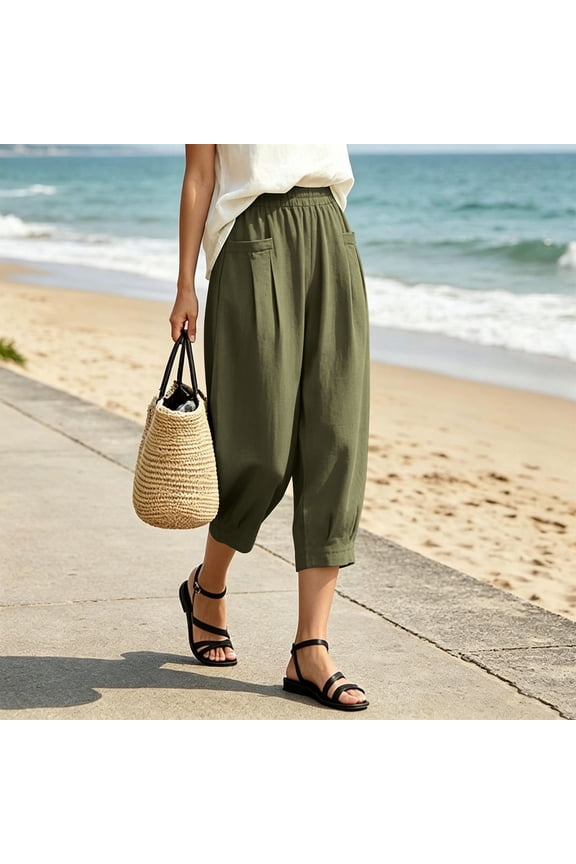 Women's Cotton Plus Size Casual Capri Pants High Waisted Loose Fit Cropped Trousers with Pleated Pockets