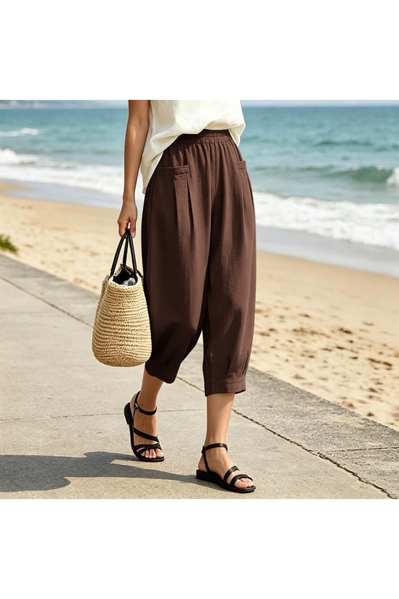 Women's Cotton Plus Size Casual Capri Pants High Waisted Loose Fit Cropped Trousers with Pleated Pockets