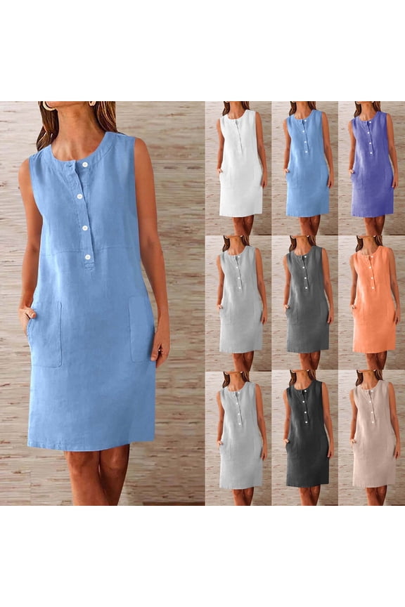 Women's Cotton Sleeveless Henley Dresses Casual Crew Neck Midi Shift Dress with Button Front Placket and Pockets