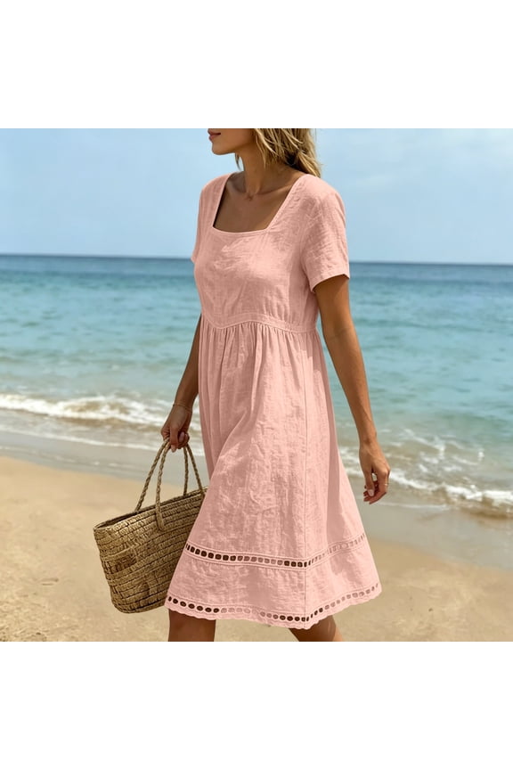 Women's Cotton Summer Casual Midi Dresses Square Neck Short Sleeve with Eyelet Hem Cute Boho Sundress