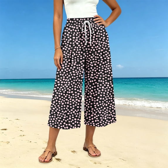 Noric Women's Cotton Summer Floral Print Wide Leg Capri Pants Loose Fit Casual Drawstring Waist with Pockets Flowy Beach Vacation Trousers