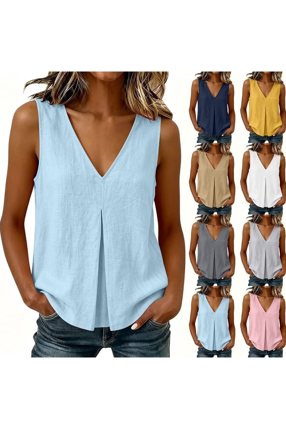 Women's Cotton Tank Tops Sleeveless V-Neck Summer Casual Flowy High Low Hem Pleated Front Loose Fit Blouse