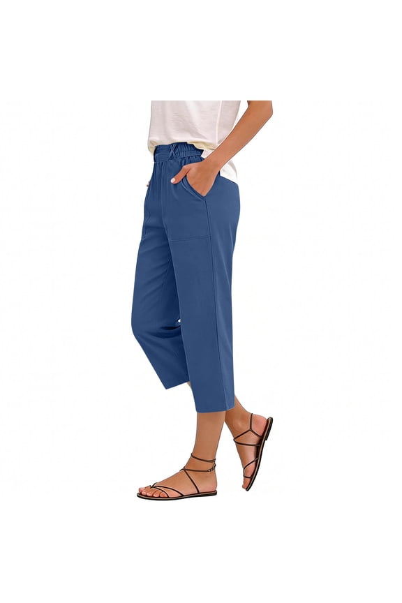 Women's Cottons Capris Wide Leg Waisted Drawstring Side Pockets Summer Casual Straight Leg Capris with Pockets
