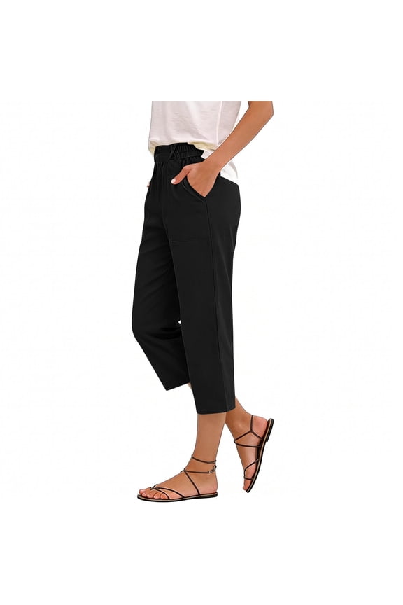 Women's Cottons Capris Wide Leg Waisted Drawstring Side Pockets Summer Casual Straight Leg Capris with Pockets