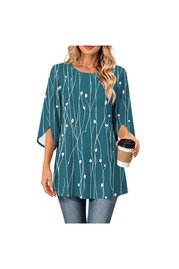 Women's Crew Neck 3/4 Sleeve Tops Flared Sleeve Casual Loose Fit Printed Pullover Top for Spring Summer Daily Commute