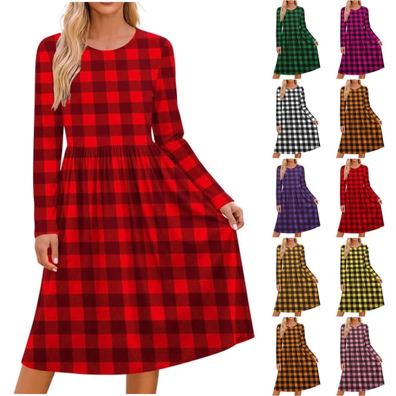 Noric Women's Crew Neck Long Sleeve Midi Dresses Pleated Swing Casual with Pockets Classic Plaid Print Relaxed Fit Dresses
