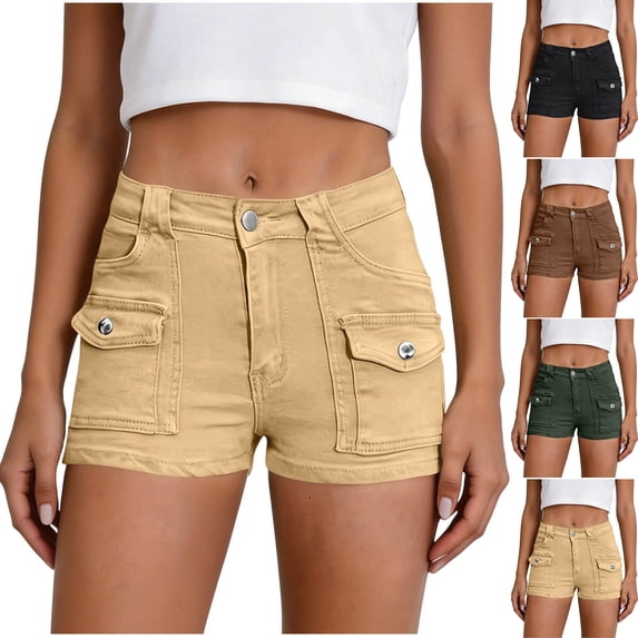 Noric Women's Denim Shorts Stretchy Slim Fit Cargo Pockets Button Casual Summer Beach Hot Pants