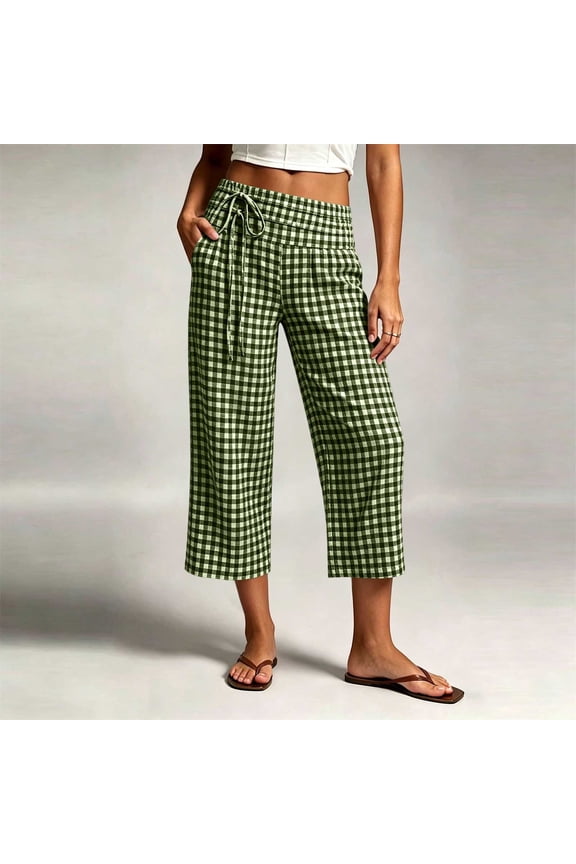 Women's Gingham Capri Pants High Waisted Drawstring Elastic Waist Causal Summer Trousers with Pockets