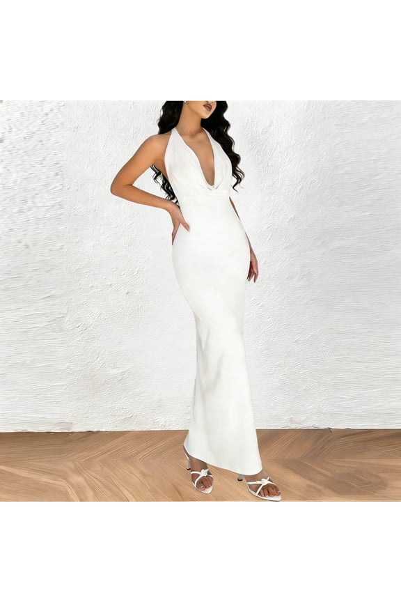Women's Halter Backless Maxi Dress Bodycon Draped Cowl Neck Sleeveless Elegant Formal Cocktail Evening Party Gown