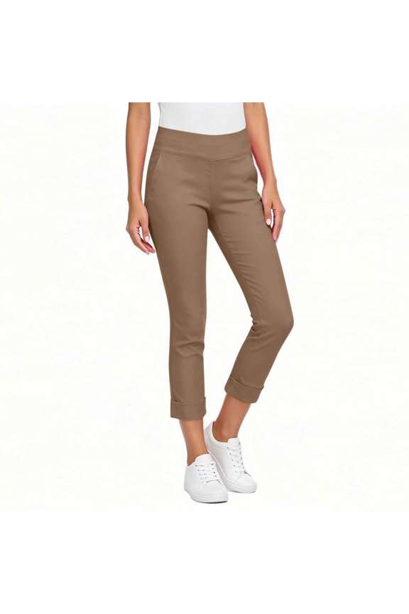 Women's High Rise Pants Skinny Tapered Trousers with Pockets Casual Stretchy Chino Cuffed Work Office Pants