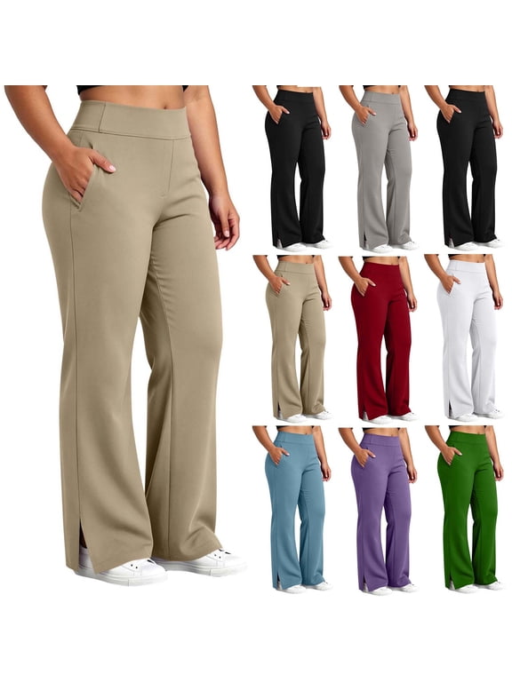 Women's High Waist Bootcut Yoga Pants Elastic Waist Side Split Workout Trousers with Pockets Plus Size Stretch Casual Long Bottoms