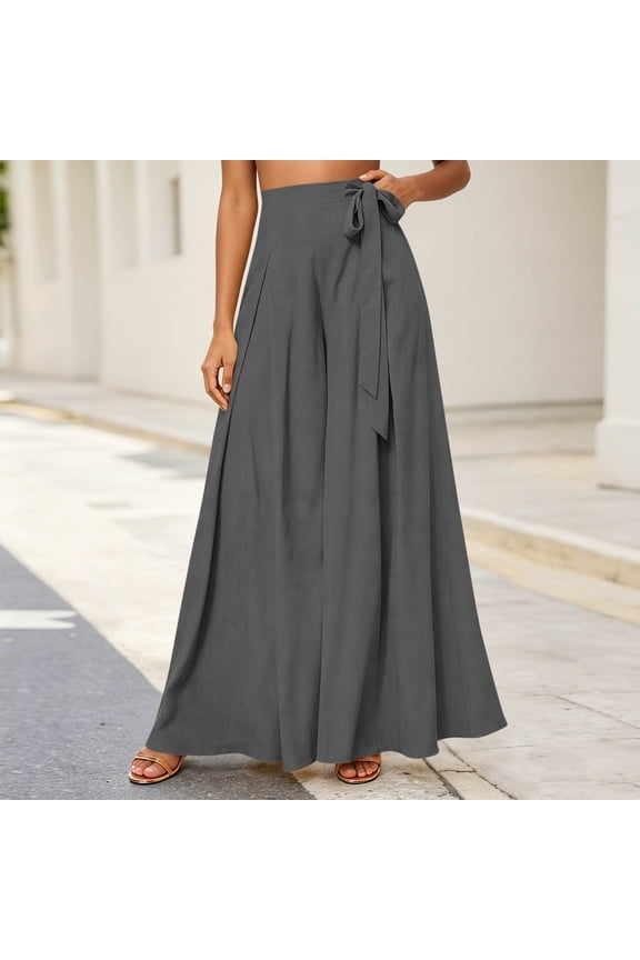 Women's High Waist Palazzo Pants Tie Front Flowy Wide Leg Trousers Casual Loose Summer Beach Pants