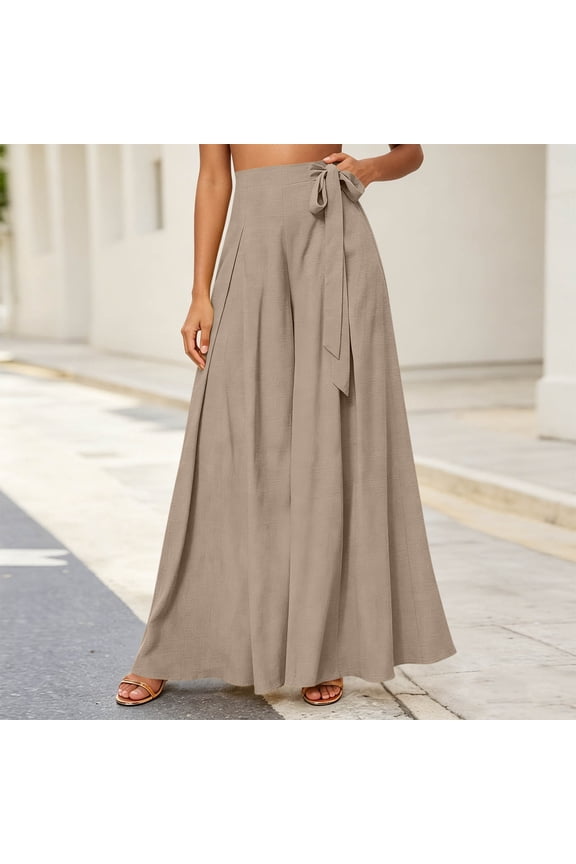 Women's High Waist Palazzo Pants Tie Front Flowy Wide Leg Trousers Casual Loose Summer Beach Pants
