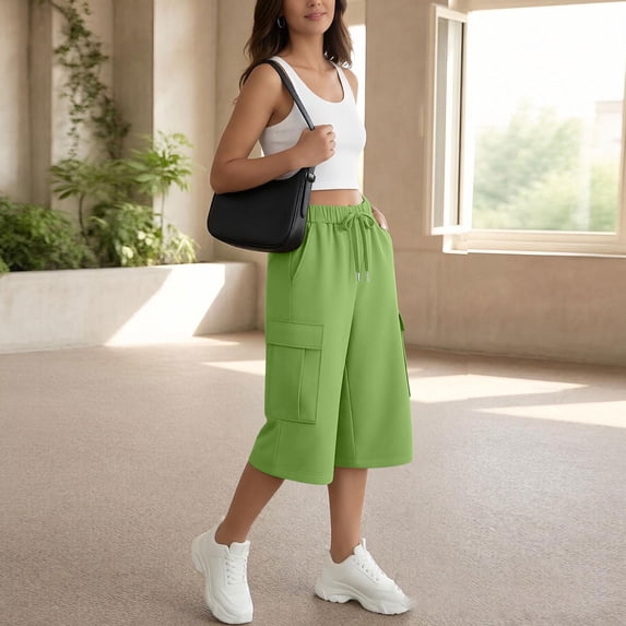 Noric Women's High Waist Wide Leg Capri Pants Loose Fit Casual Drawstring Multi Pockets Lounge Pants