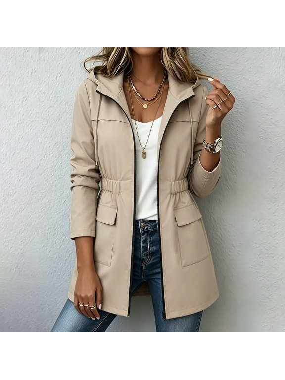 Women's Hooded Coat Spring Autumn Casual Zip Up Jacket with Ruched Waist Pocket Windbreaker Outdoor