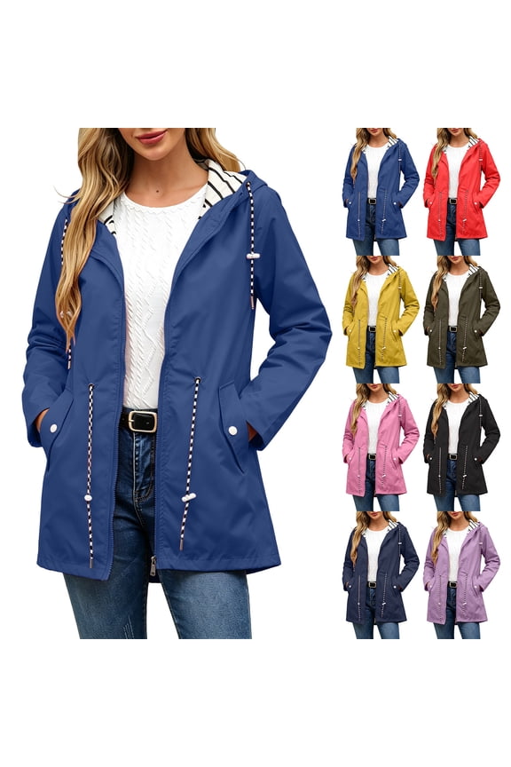 Women's Hooded Jackets Plus Size Water-Resistant Anorak Mid Length Striped Outwear