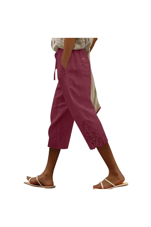 Women's Lace Trim Capri Pants High Waisted with Drawstring Casual Loose Fit Vintage Style Summer Capri with Pockets