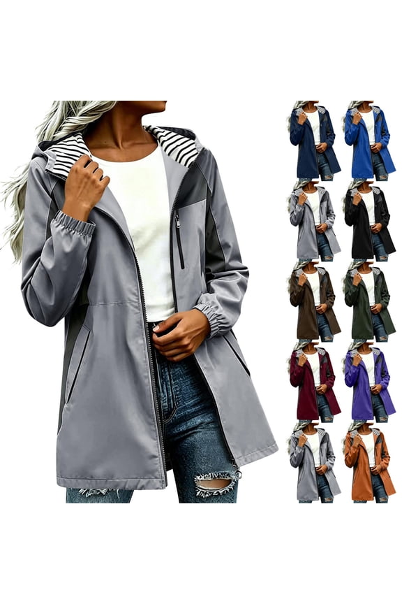 Women's Longline Hooded Rain Jacket Water-Resistant Windbreaker with Striped Lining Pockets Raincoat Hiking Travel Jackets
