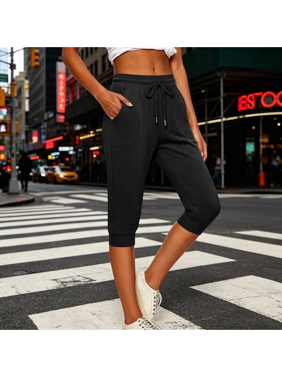 Women's Mid Rise Capri Sweatpants with Pockets Drawstring Casual Cuffed Hem Summer Workout Joggers