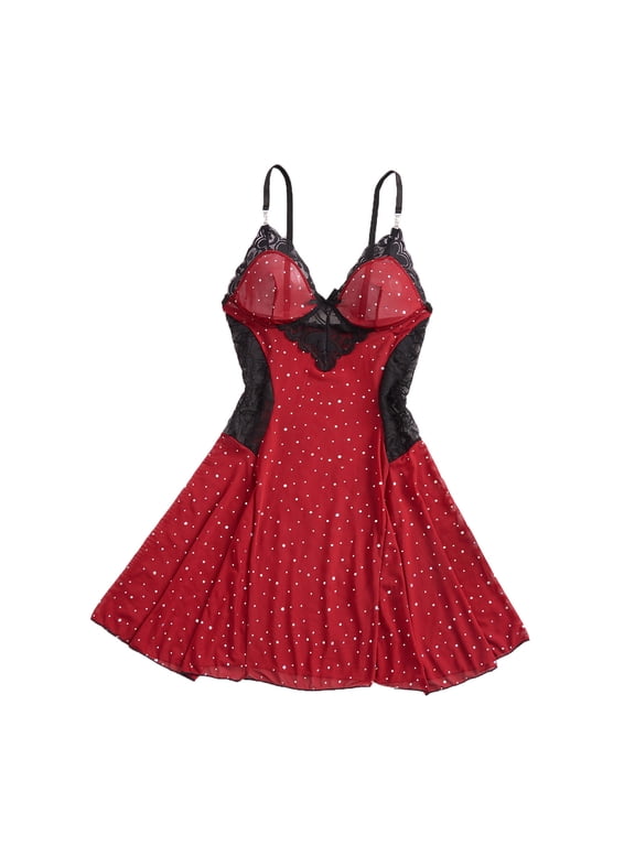 Women's Nightgown Red Lace Split V-Neck Polka Dot Sheer Camisole with Bow Spaghetti Strap Babydoll Mini Sleepwear