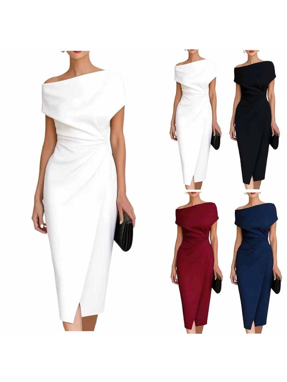Women's Off Shoulder Midi Dress Casual Cocktail Formal Work Business Wedding Guest Slim Fit Party Wrap Dresses