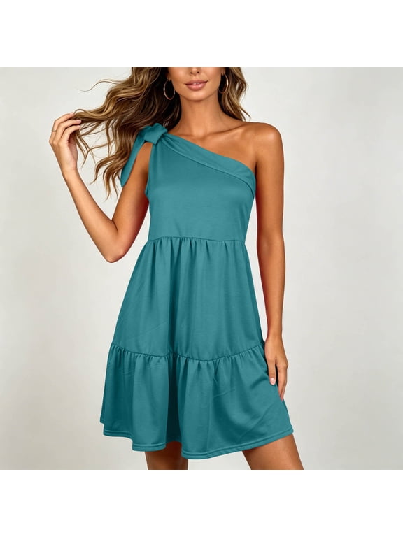 Women's One Shoulder Dresses Sleeveless Asymmetric Neckline Tie Knot Flowy Tiered Ruffle Mini Summer Dresses for Vacation Party