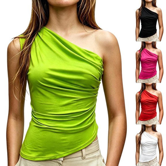 Noric Women's One Shoulder Sleeveless Ruched Tank Tops Slim Fit Asymmetrical Hem Casual Trendy Basic Summer Layering Tops