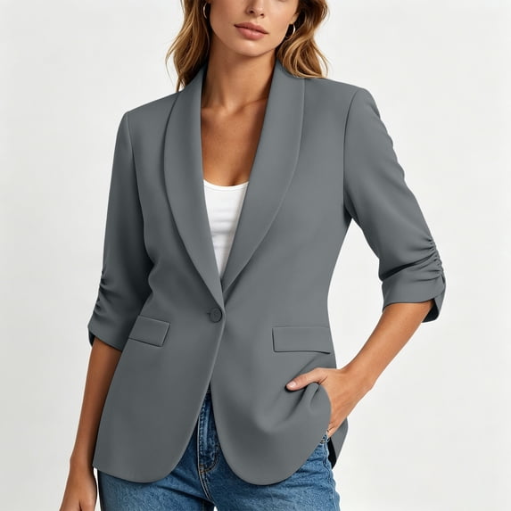 Noric Women's Open Front Blazers 3/4 Sleeve Casual Work Office Jacket with Pockets for Summer Business Spring Fall