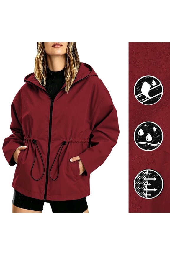 Women's Outdoor Water-Resistant Jacket with Adjustable Drawstring Waist Hooded Lightweight Hiking Camping Trekking Coat