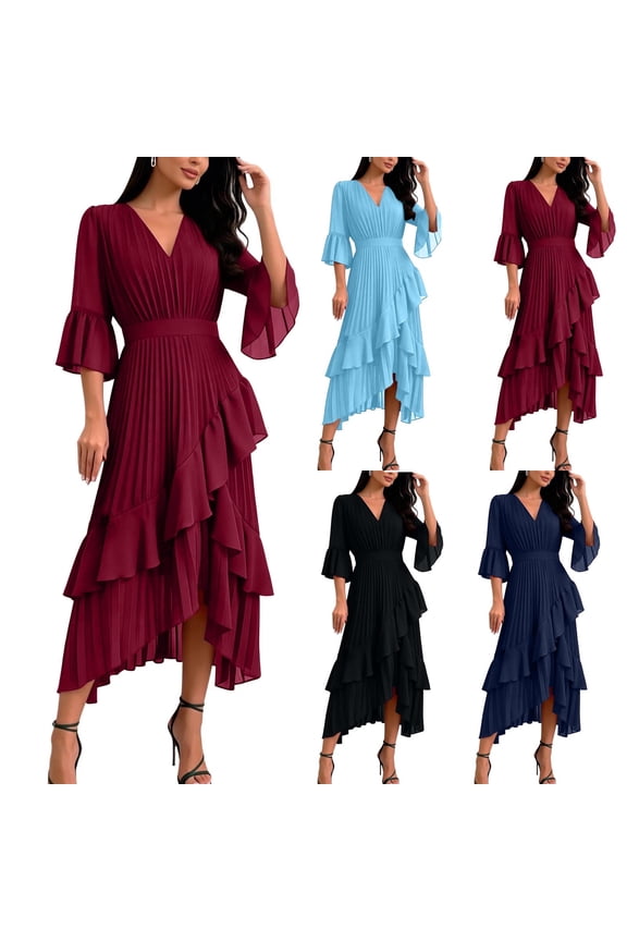 Women's Pleated Midi Dresses V Neck Flared Sleeve Asymmetric Tiered Ruffle Hem Cocktail Party Wedding Guest Dresses