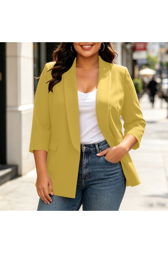 Women's Plus Size Blazer Jacket Open Front Collar with Padded Shoulder 3/4 Sleeve Casual Work Office Coat with Pockets Lined