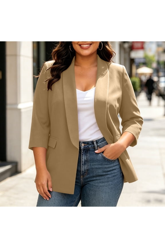 Women's Plus Size Blazer Jacket Open Front Collar with Padded Shoulder 3/4 Sleeve Casual Work Office Coat with Pockets Lined