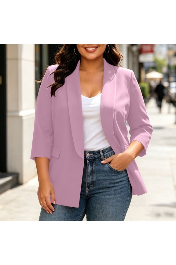 Women's Plus Size Blazer Jacket Open Front Collar with Padded Shoulder 3/4 Sleeve Casual Work Office Coat with Pockets Lined