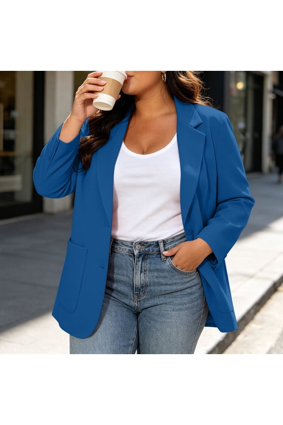 Women's Plus Size Blazer Open Front Casual Work Office Jacket with Padded Shoulder Collar Pockets Lined