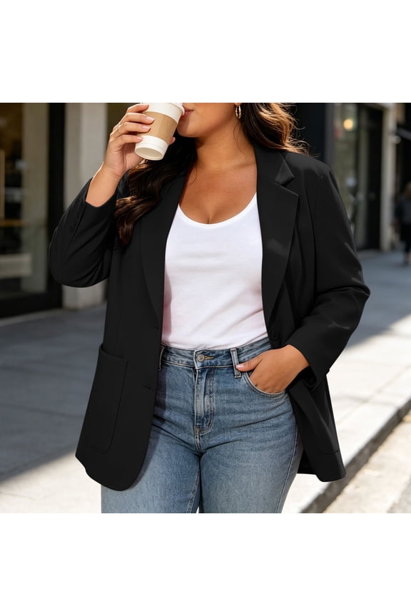 Women's Plus Size Blazer Open Front Casual Work Office Jacket with Padded Shoulder Collar Pockets Lined
