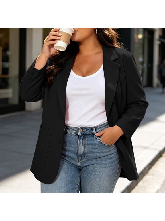 Women's Plus Size Blazer Open Front Casual Work Office Jacket with Padded Shoulder Collar Pockets Lined