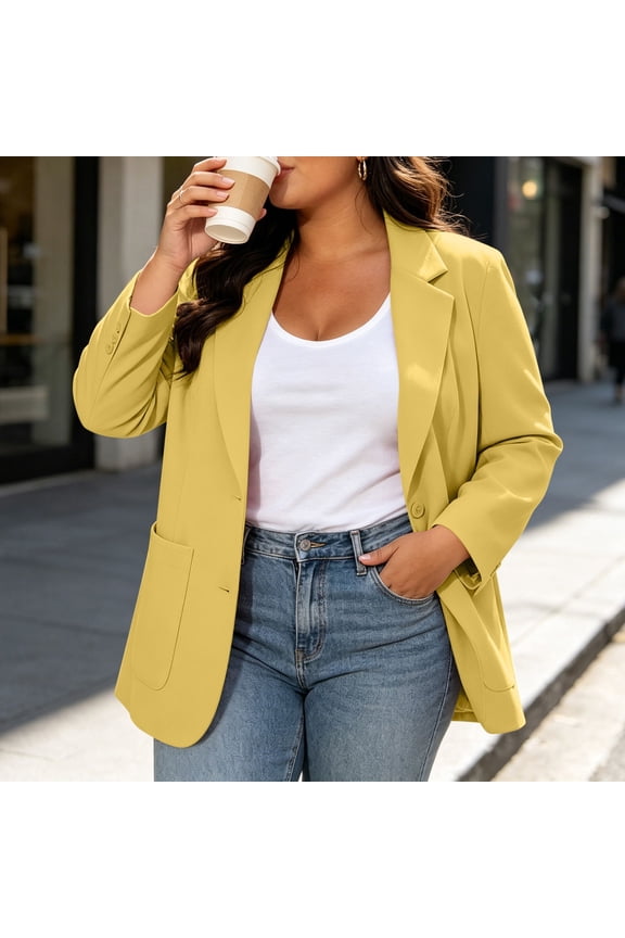 Women's Plus Size Blazer Open Front Casual Work Office Jacket with Padded Shoulder Collar Pockets Lined