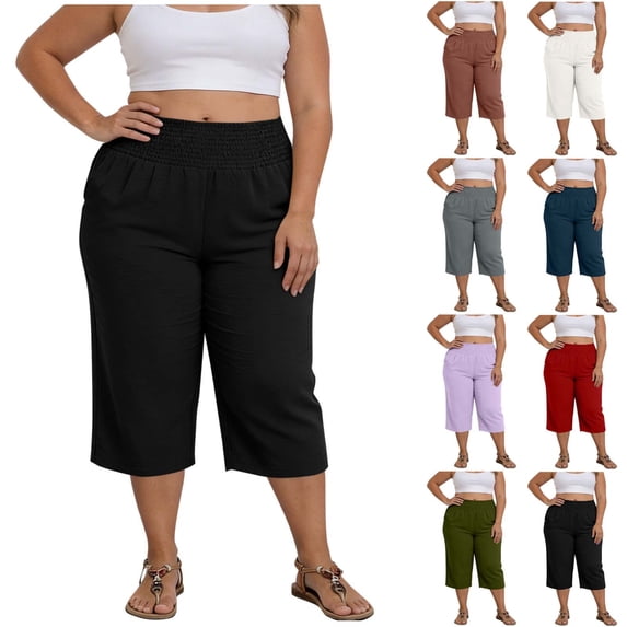 Noric Women's Plus Size Capri Pants Elastic Waist Casual Trousers with Pockets Loose Fit Palazzo Cropped Trousers for Summer Casual Wear