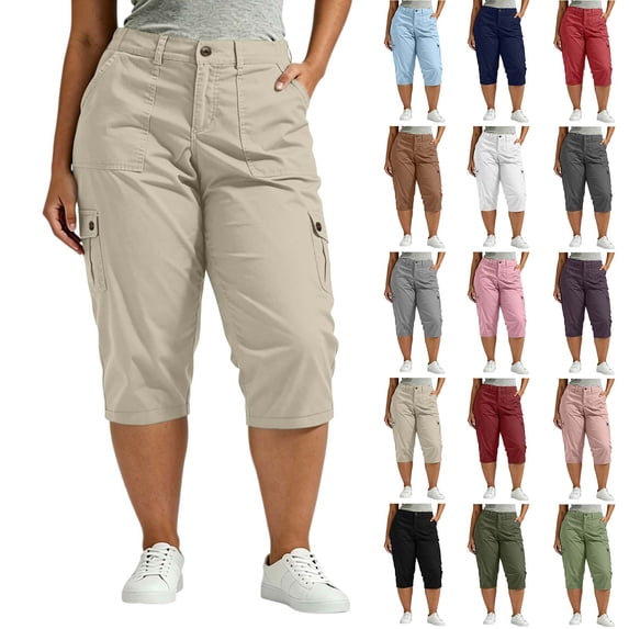Noric Women's Plus Size Cargo Capri Pants Elastic Waist Loose Fit Casual 3/4 Length Cropped Trousers Summer with Pockets