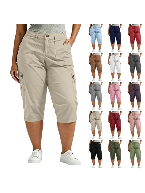 Women's Plus Size Cargo Capri Pants Elastic Waist Loose Fit Casual 3/4 Length Cropped Trousers Summer with Pockets