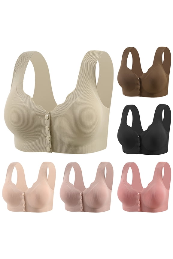 Women's Plus Size Ribbed Wireless Front Button Bralette Fixed Moulded Cups Wide Integrated Straps Lift Support Shaping Bras