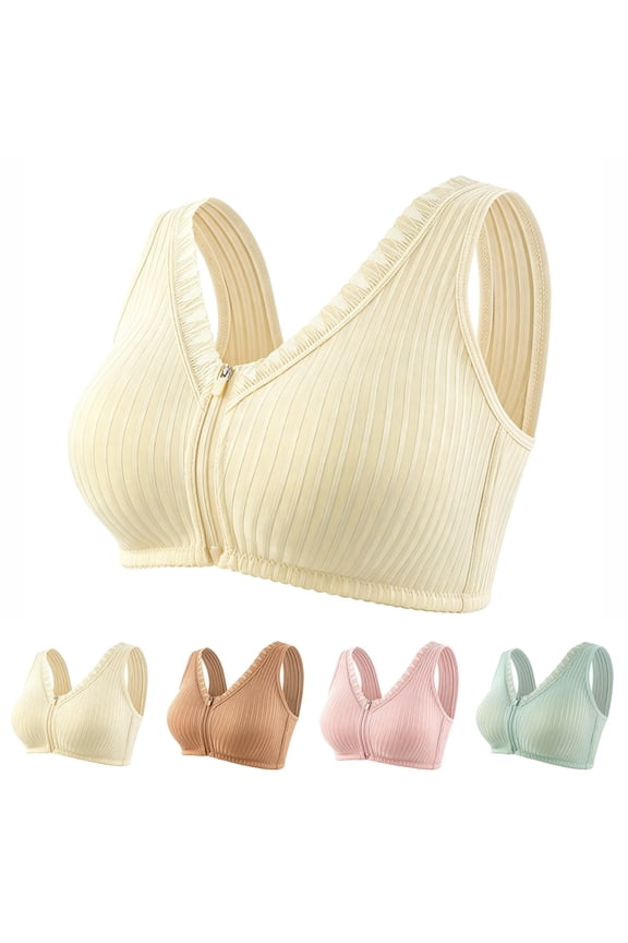 Women's Plus Size Ribbed Wireless Front Zipper Bras Fixed Molded Cups Wide Straps Breathable Comfort Shaping Bras