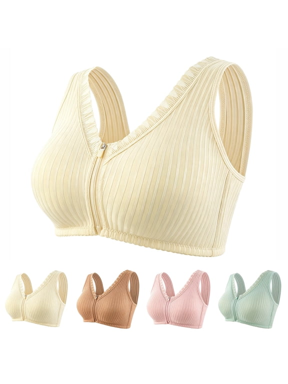 Women's Plus Size Ribbed Wireless Front Zipper Bras Fixed Molded Cups Wide Straps Breathable Comfort Shaping Bras
