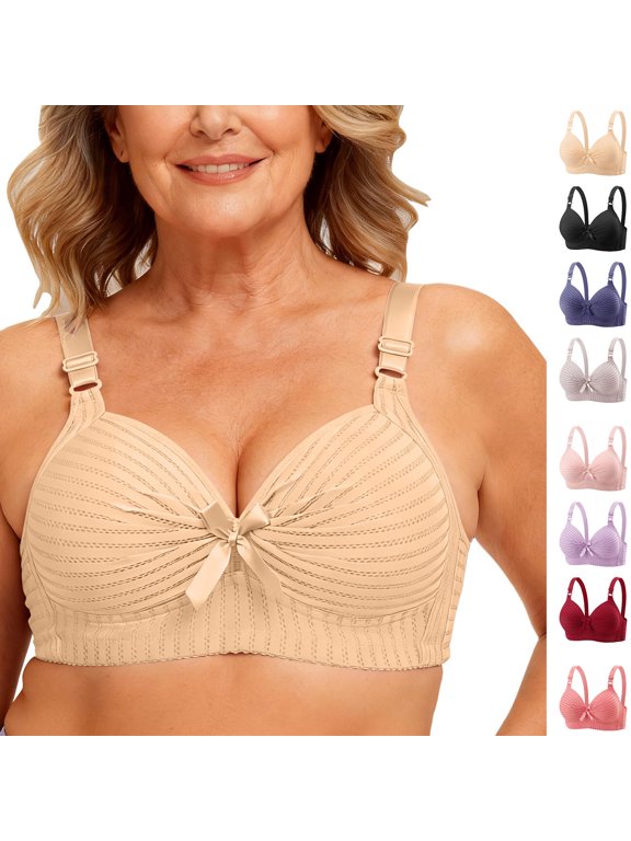 Women's Plus Size Wireless Hollow Striped Bras Front Bow Decor Adjustable Wide Straps Side Lift Breathable Comfort Shaping Bralettes