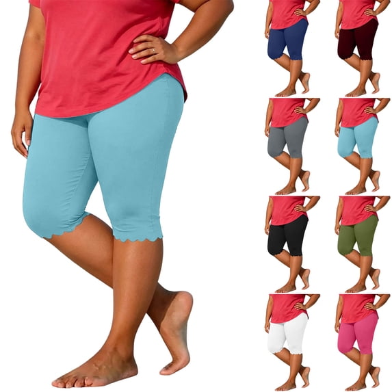 Noric Women's Plus Size Workout Shorts Tummy Control Compression Scallop Hem Athletic Yoga Shorts for Summer