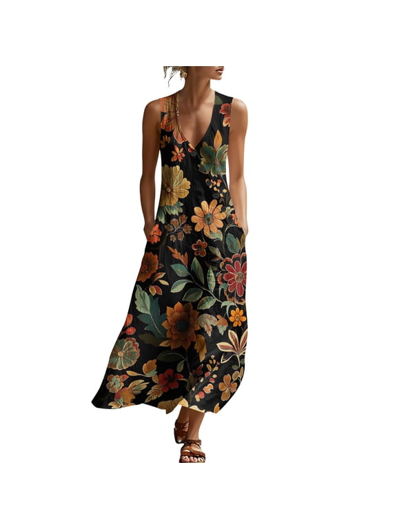 Women's Printed Boho Floral Maxi Dress Sleeveless V-Neck Cami Style Casual Summer & Beach Wear Maxi Dress