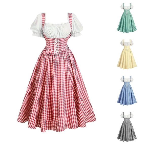 Noric Women's Puff Short Sleeve Long Dresses Square Neck Lace Up Corset Waist Gingham Print Vintage A-Line Dresses