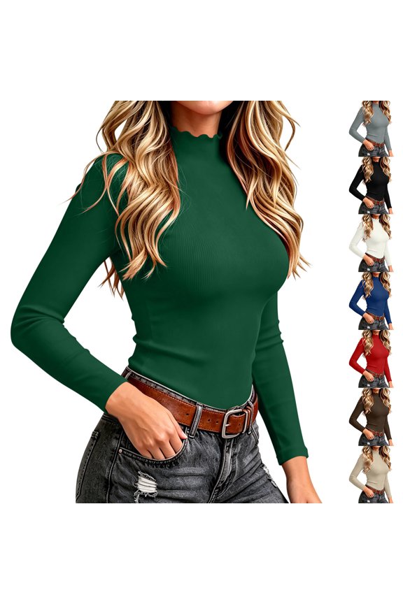 Women's Ribbed Long Sleeve Top Wavy Ruffle Mock Neck Slim Fitted Stretchy Soft Casual Layering Basic Pullover