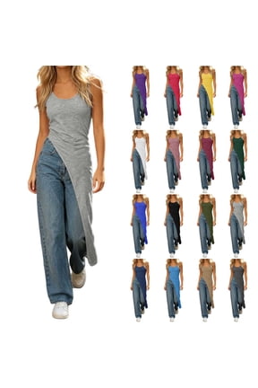 Women's Scoop Neck Sleeveless Long Tank Top Asymmetrical High Slit Ruched Slim Fit Casual Trendy Summer Layering Longline Tops