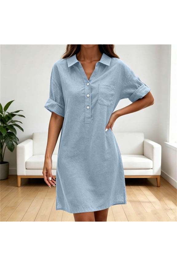 Women's Short Sleeve Cotton Shirt Dresses Casual Collared with Chest Pocket and Rolled Up Sleeves Mini Dresses
